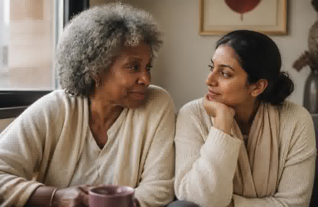 Two women of different generations in warm, unhurried conversation.