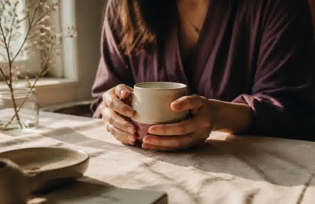 Hands cradling a warm ceramic cup in soft daylight — from the She Unmuted Publication Series.