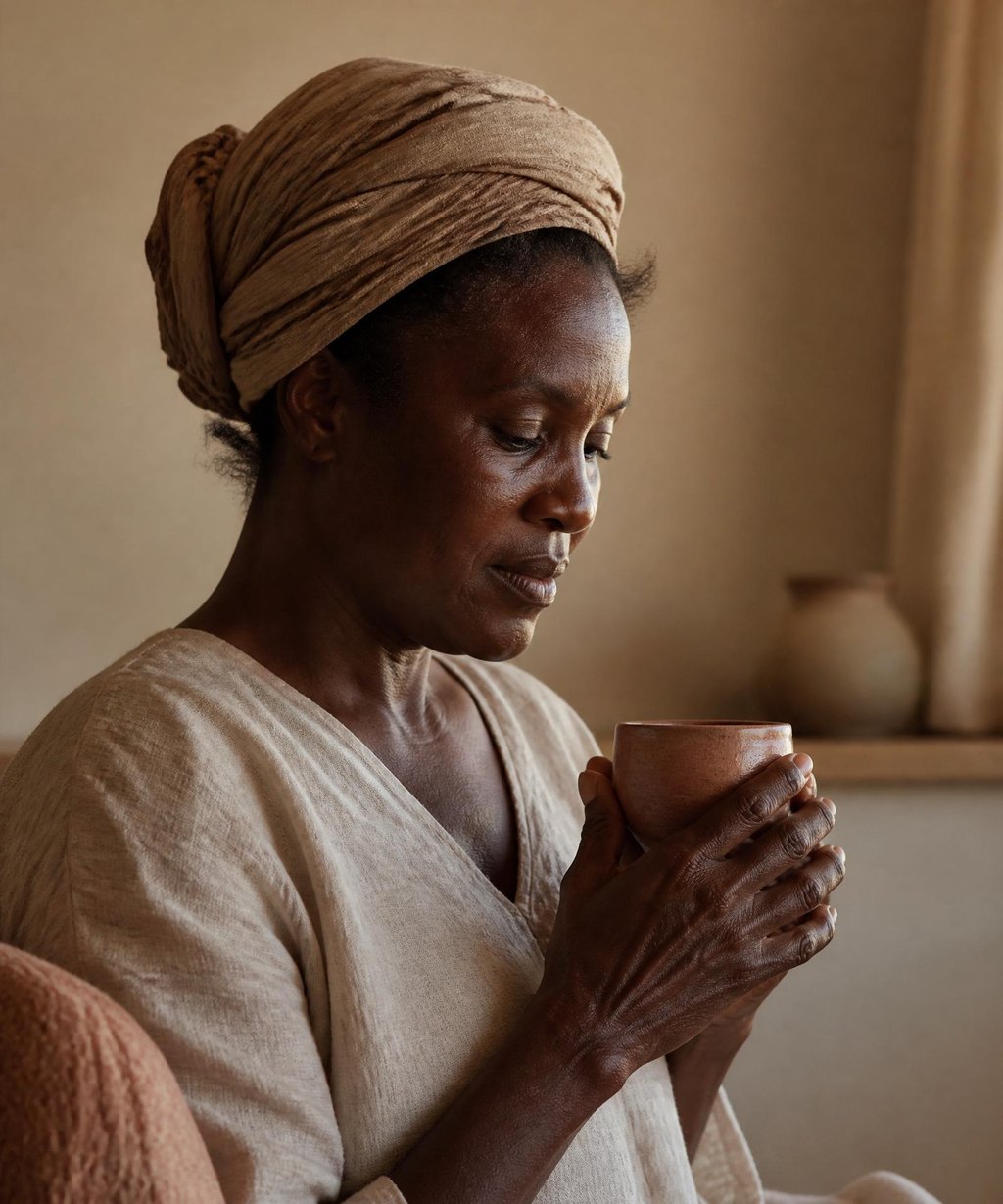 A woman in warm morning light, in quiet reflection — She Unmuted.