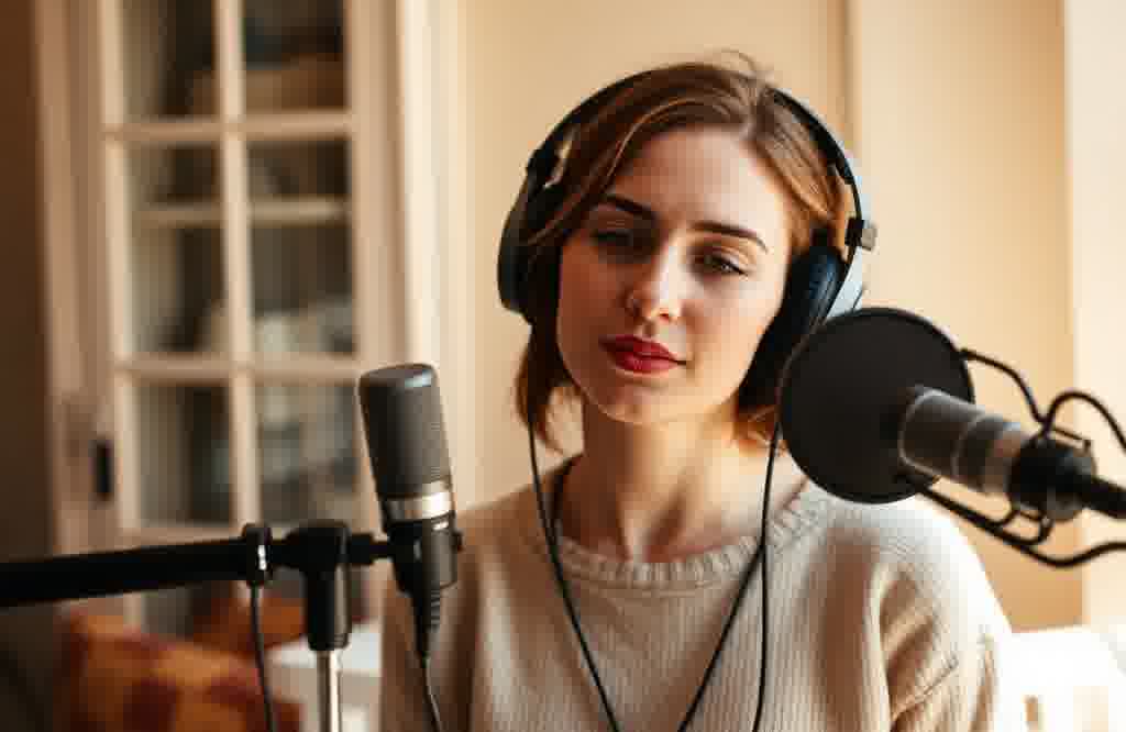A woman recording an episode of The Unmuted Hour podcast in soft window light.